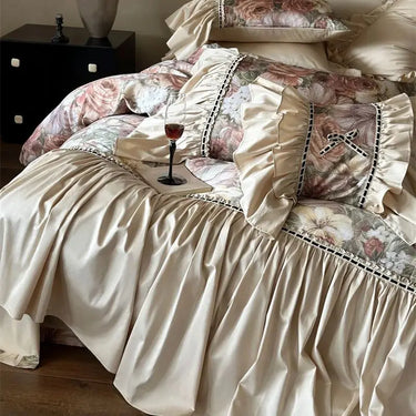 Vintage Romantic Flower Egyptian Cotton 1000TC Oil Painting Ruffles Bedding Set